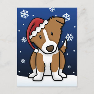 Kawaii Border Collie Christmas Postcard (Brown)