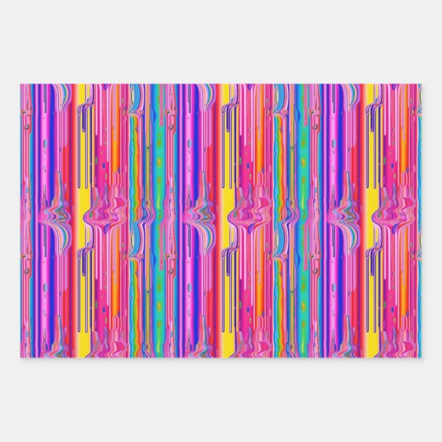 Kawaii Bright Pink Purple Blue Paint Drip Pattern Wrapping Paper Sheets (Front)