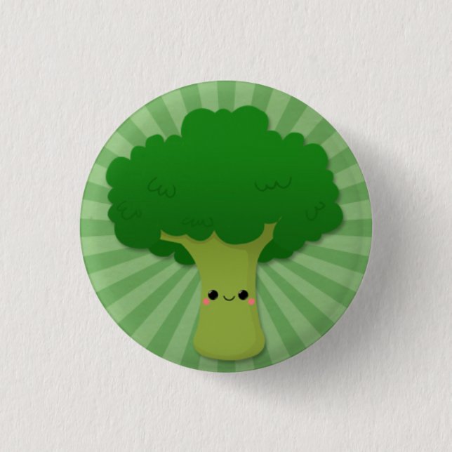 Kawaii Broccoli on Green Starburst Button (Front)