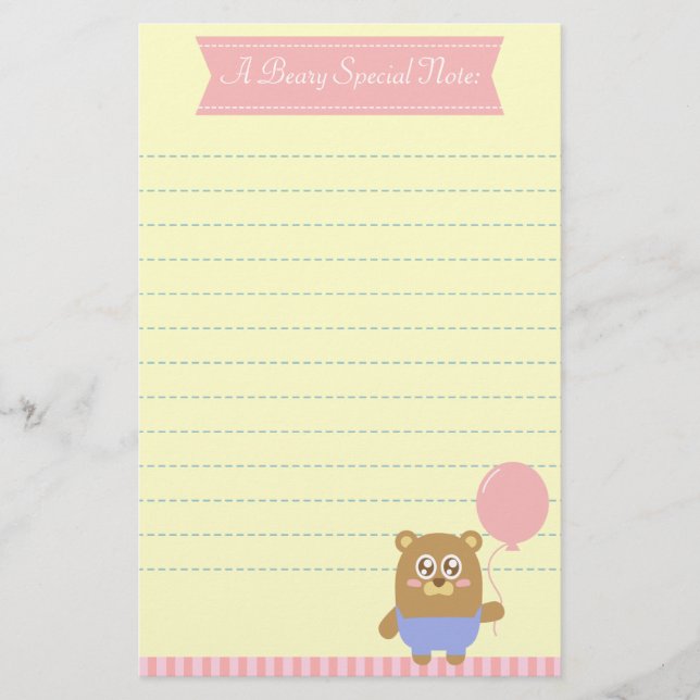 Kawaii brown bear holding a pink balloon stationery (Front)