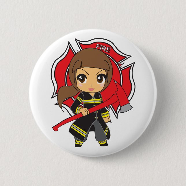 Kawaii Brunette Firefighter Girl - Button (Front)