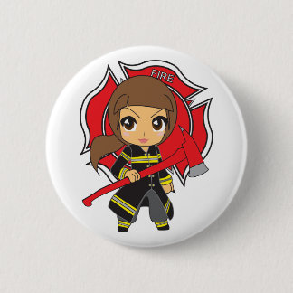 Kawaii Brunette Firefighter Girl - Button