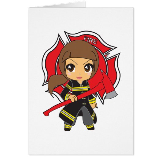 Kawaii Brunette Firefighter Girl Cards (Front)