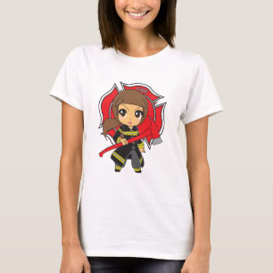 Kawaii Brunette Firefighter Girl - Customizable T-Shirt