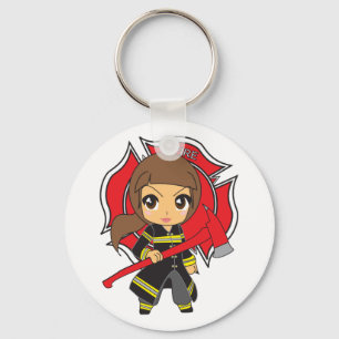 Kawaii Brunette Firefighter Girl Keychain