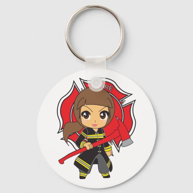 Kawaii Brunette Firefighter Girl Keychain (Front)
