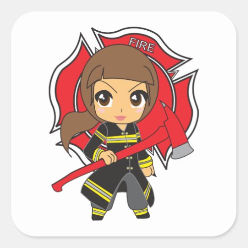 Kawaii Brunette Firefighter Girl _ Square Sticker