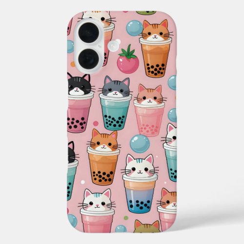 Kawaii Bubble Tea Cats Seamless Pattern iPhone 16 Case