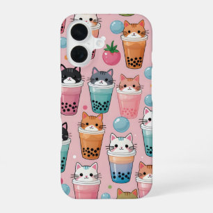 Kawaii Bubble Tea Cats Seamless Pattern iPhone 16 Case