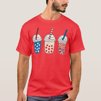Kawaii Bubble Tea Red White Blue American Flag 4th T-Shirt