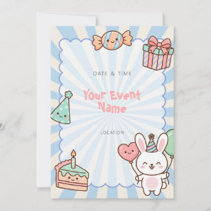 Kawaii Bunny Birthday Blue Starburst Invitation