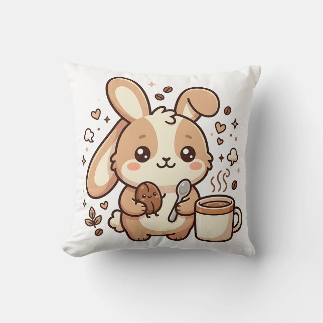 Kawaii Bunny Coffee Throw Pillow (Front)