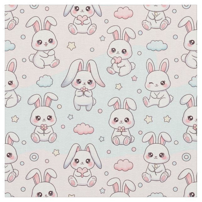 Kawaii Bunny Happy Rabbit Fabric (Close Up)