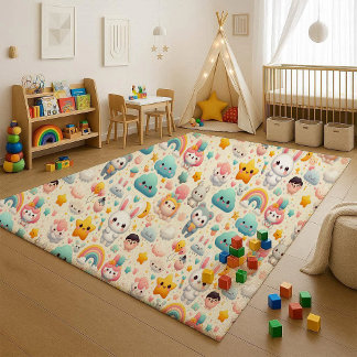 Kawaii Bunny Pastel Whimsical Nursery Area Rug