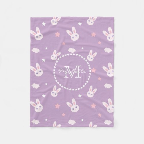 Kawaii Bunny Rabbit Pastel Purple Pattern Monogram Fleece Blanket