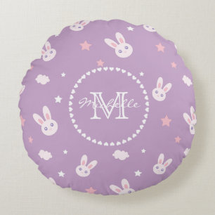 Kawaii Bunny Rabbit Pastel Purple Pattern Monogram Round Pillow