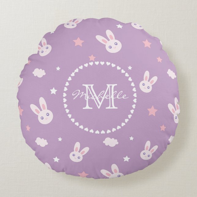 Kawaii Bunny Rabbit Pastel Purple Pattern Monogram Round Pillow (Front)