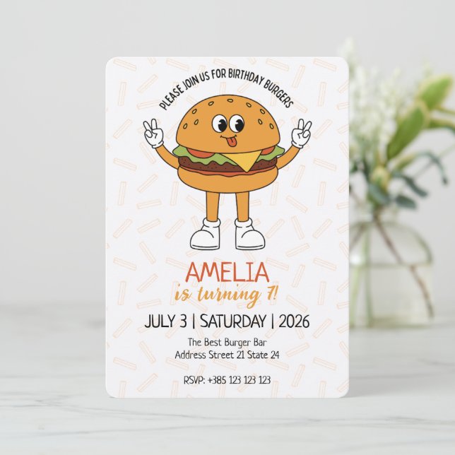Kawaii Burger Birthday Party Invitation (Standing Front)