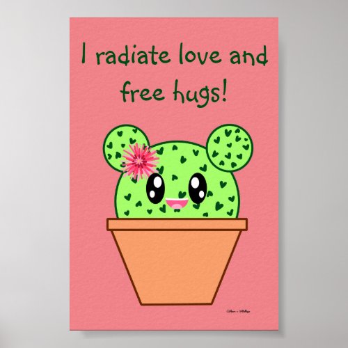 Kawaii Cactus Drawing Free Hugs Pink Poster