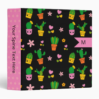 Kawaii Cactus Monogram Black 3 Ring Binder