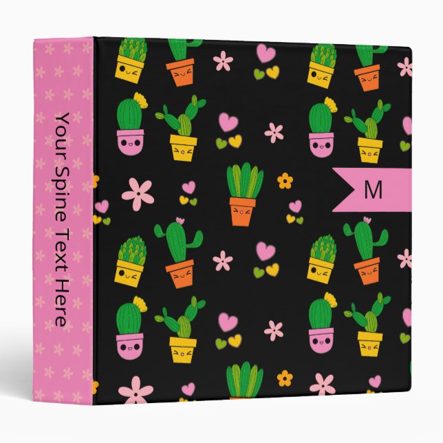 Kawaii Cactus Monogram Black 3 Ring Binder (Front/Spine)