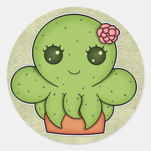 Kawaii Cactus Octopus Classic Round Sticker (Front)