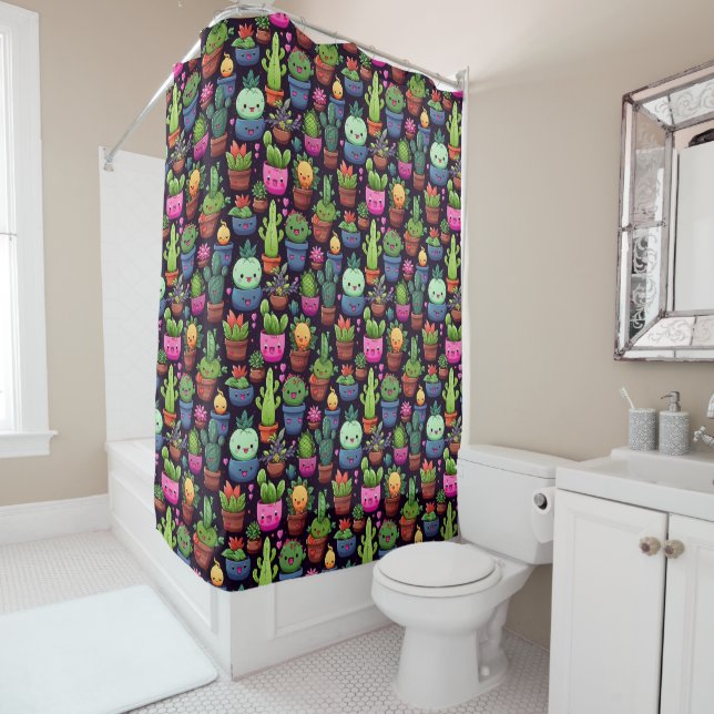 Kawaii Cactus Shower Curtain (In Situ)