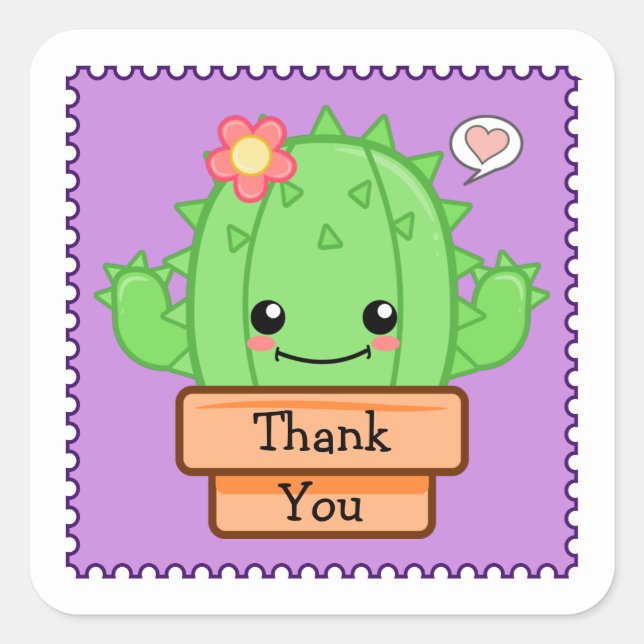 Kawaii Cactus Thank You Square Sticker (Front)