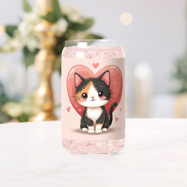 Kawaii Calico Cat Heart Valentine Design Can Glass (Insitu (Wedding))