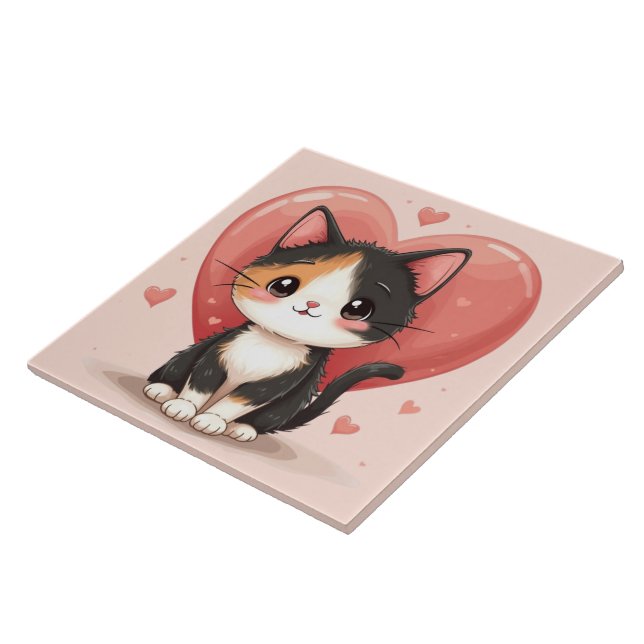 Kawaii Calico Cat Heart Valentine Design Ceramic Tile (Side)