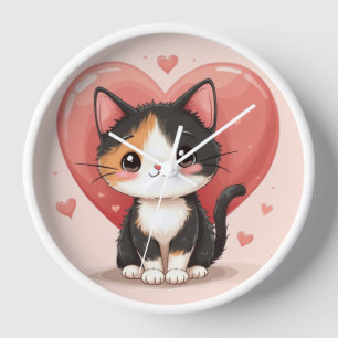 Kawaii Calico Cat Heart Valentine Design Clock
