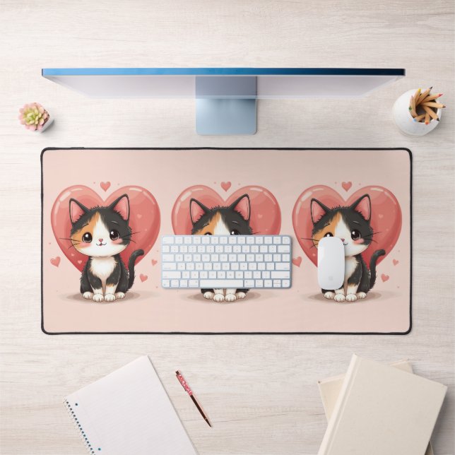 Kawaii Calico Cat Heart Valentine Design Desk Mat (Office 1)