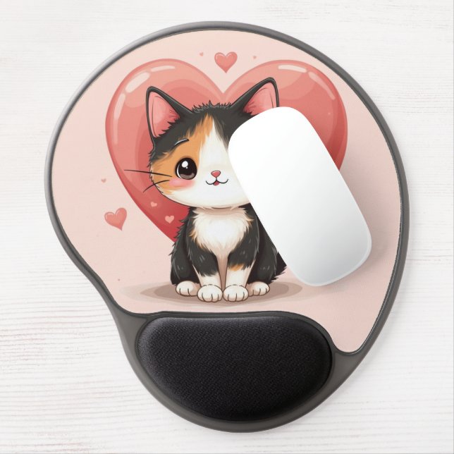 Kawaii Calico Cat Heart Valentine Design Gel Mouse Pad (Left Side)