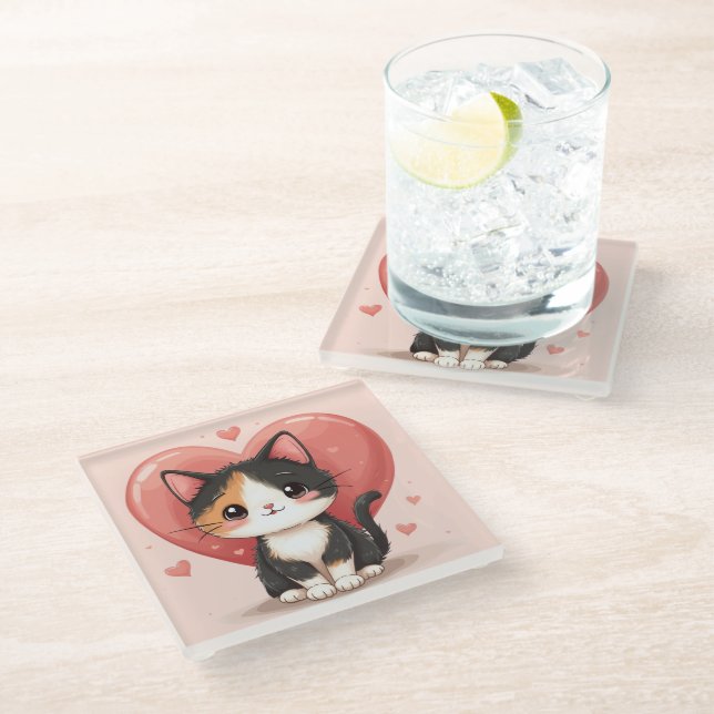 Kawaii Calico Cat Heart Valentine Design Glass Coaster (Angled)