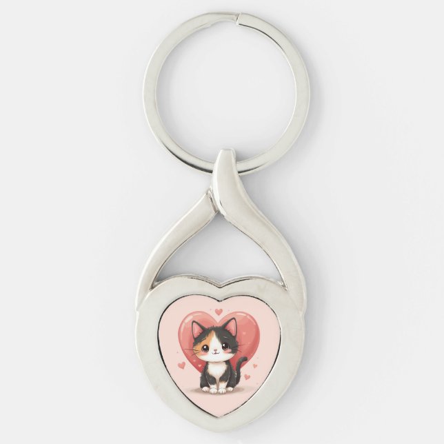 Kawaii Calico Cat Heart Valentine Design Keychain (Front)