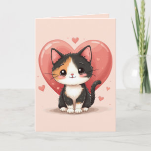 Kawaii Calico Cat Heart Valentine Design Letterpress Thank You Card