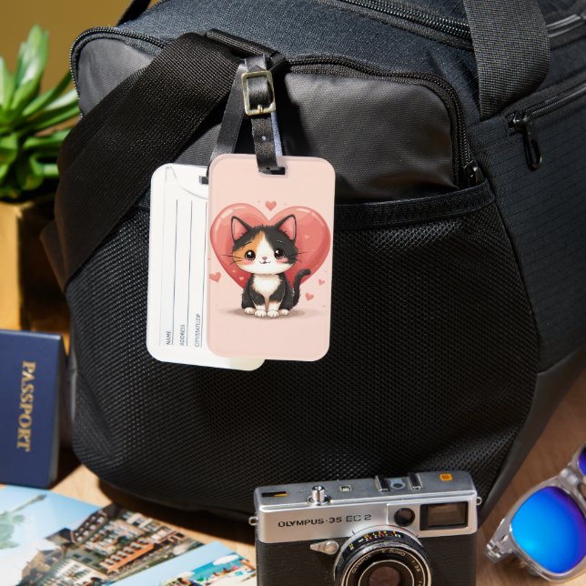 Kawaii Calico Cat Heart Valentine Design Luggage Tag (Front & Back)