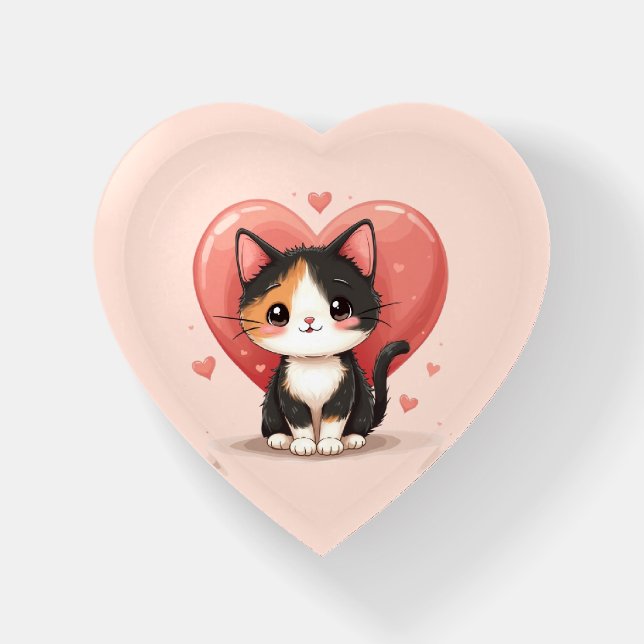 Kawaii Calico Cat Heart Valentine Design Paperweight (Front)
