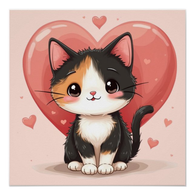 Kawaii Calico Cat Heart Valentine Design Poster (Front)