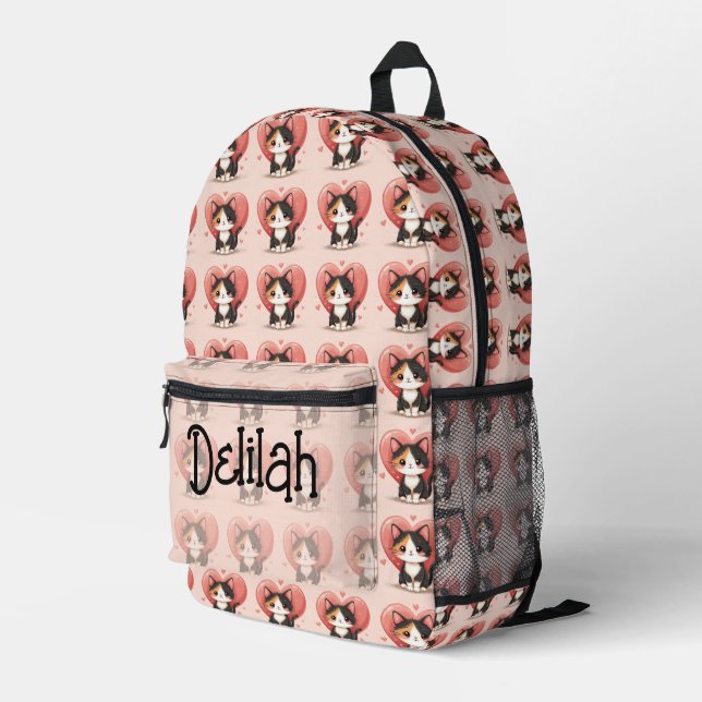 Kawaii Calico Cat Heart Valentine Design Printed Backpack (Back Corner Right)