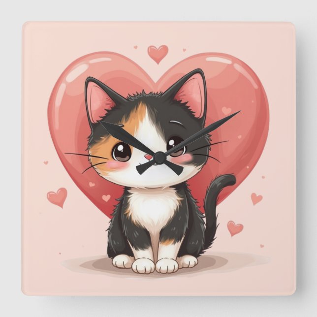 Kawaii Calico Cat Heart Valentine Design Square Wall Clock (Front)