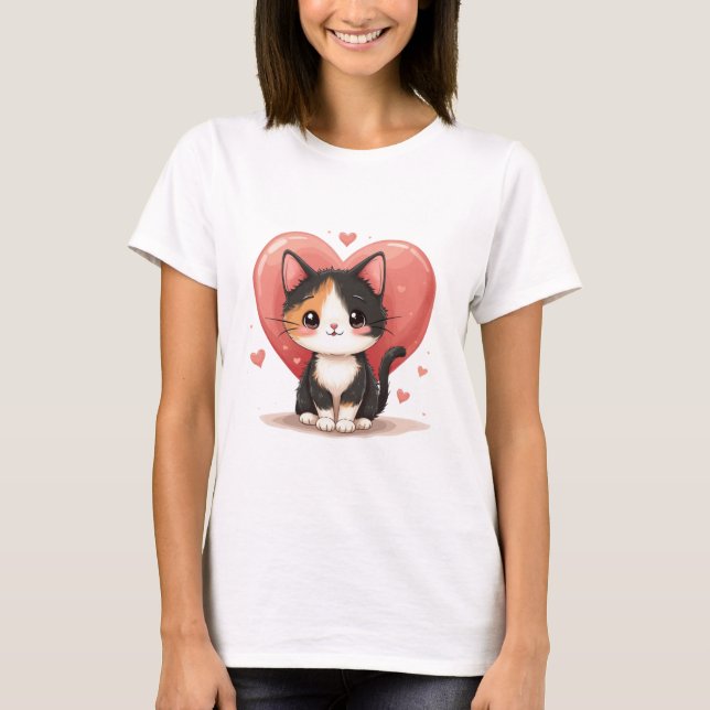 Kawaii Calico Cat Heart Valentine Design T-Shirt (Front)