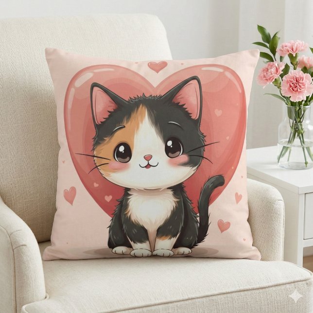 Kawaii Calico Cat Heart Valentine Design Throw Pillow (Kawaii Calico Cat Heart Valentine Design 2 Throw Pillow Mockup A )