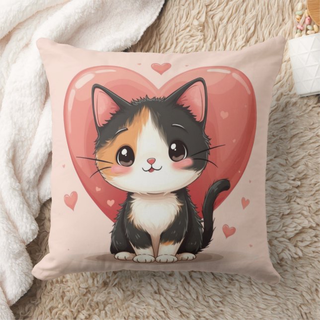 Kawaii Calico Cat Heart Valentine Design Throw Pillow (Blanket)