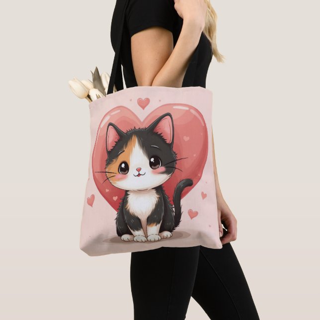 Kawaii Calico Cat Heart Valentine Design Tote Bag (Close Up)