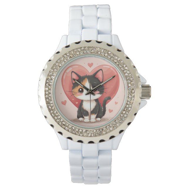 Kawaii Calico Cat Heart Valentine Design Watch (Front)