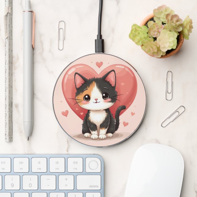 Kawaii Calico Cat Heart Valentine Design Wireless Charger (Desk)