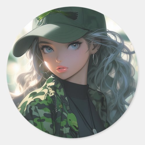 Kawaii Camouflage Military Hunter Drill Anime Girl Classic Round Sticker