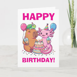 Kawaii Capybara and Axolotl Birthday Party Card