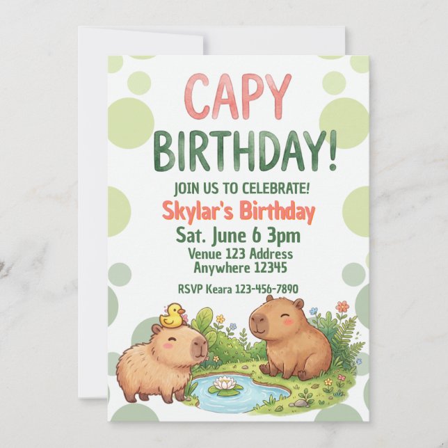 Kawaii Capybara Birthday Invitation (Front)